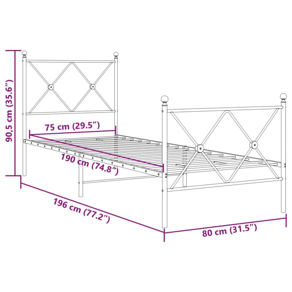 Sengeramme i metall med hode- og fotgavl hvit 75x190 cm