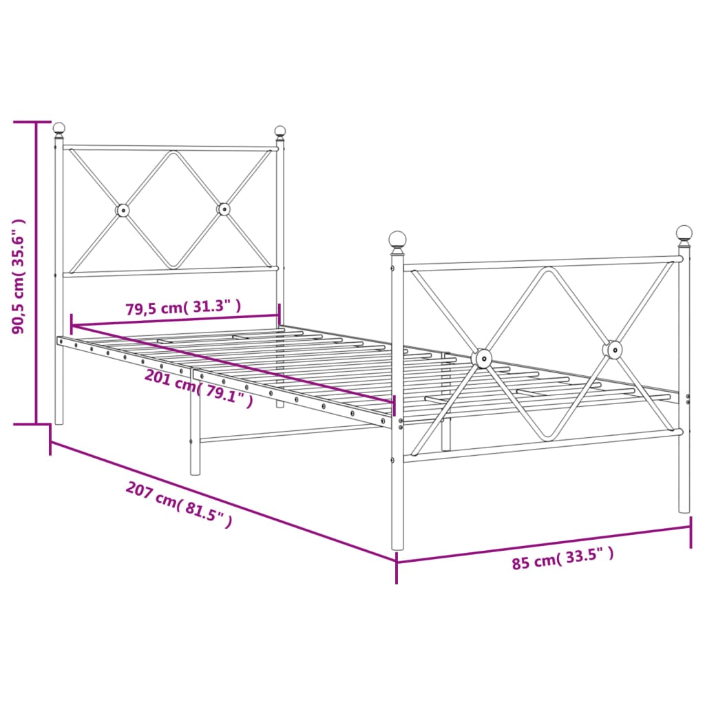 Sengeramme i metall med hode- og fotgavl hvit 80x200 cm