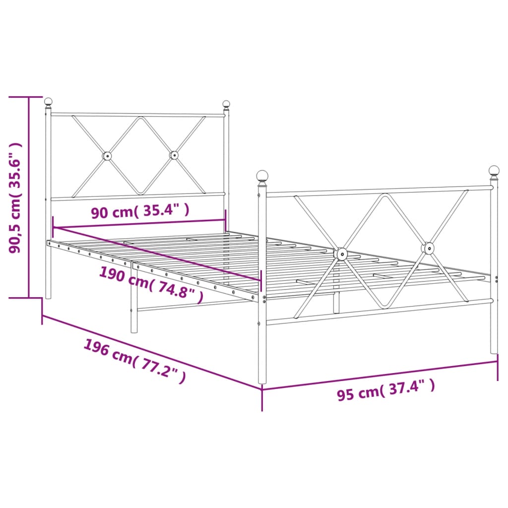 Sengeramme i metall med hode- og fotgavl hvit 90x190 cm
