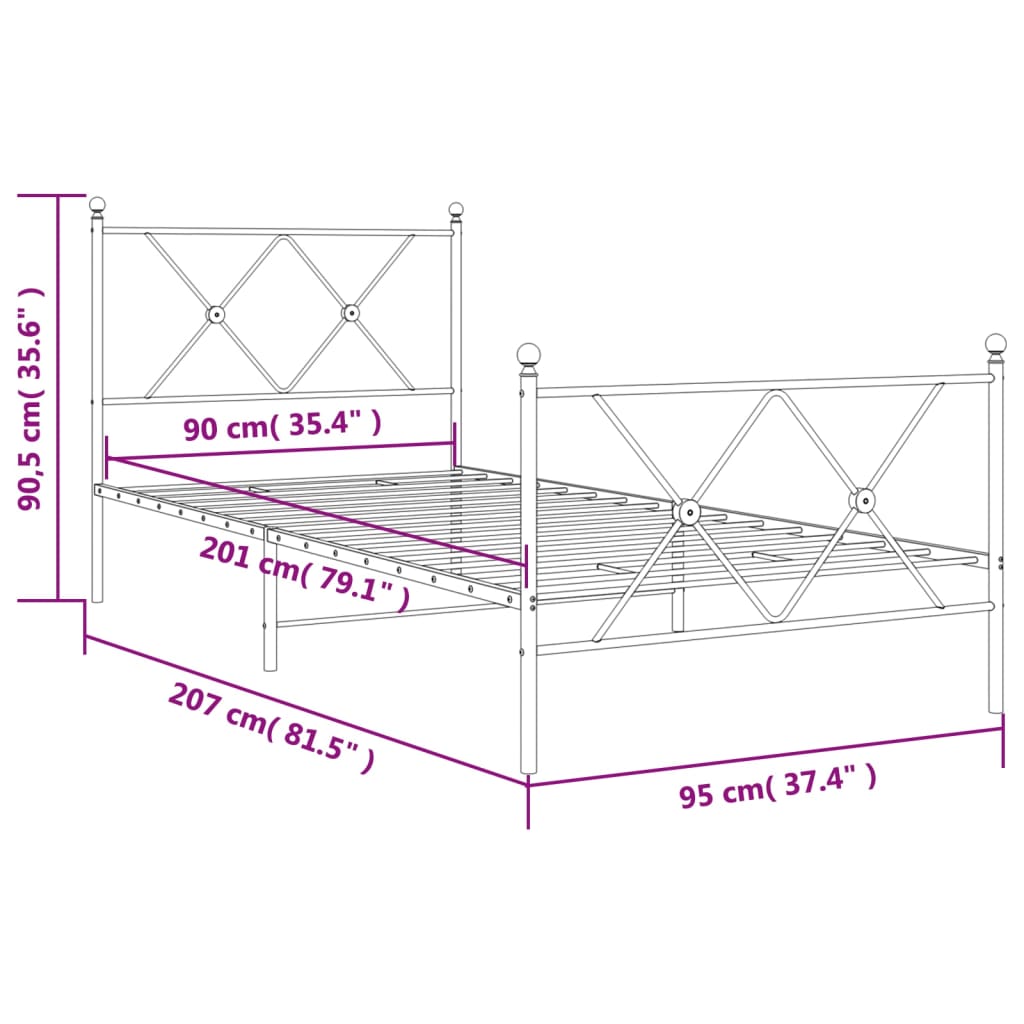 Sengeramme i metall med hode- og fotgavl hvit 90x200 cm