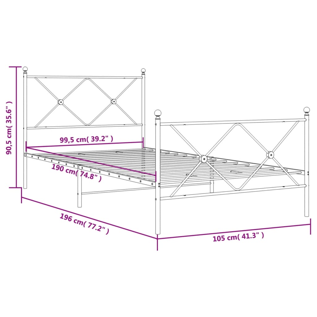 Sengeramme i metall med hode- og fotgavl hvit 100x190 cm