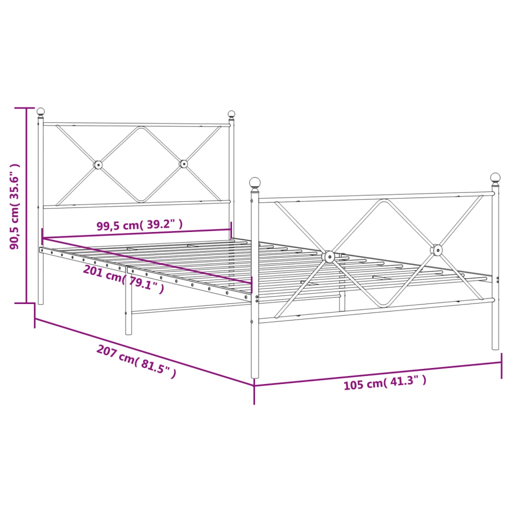 Sengeramme i metall med hode- og fotgavl hvit 100x200 cm