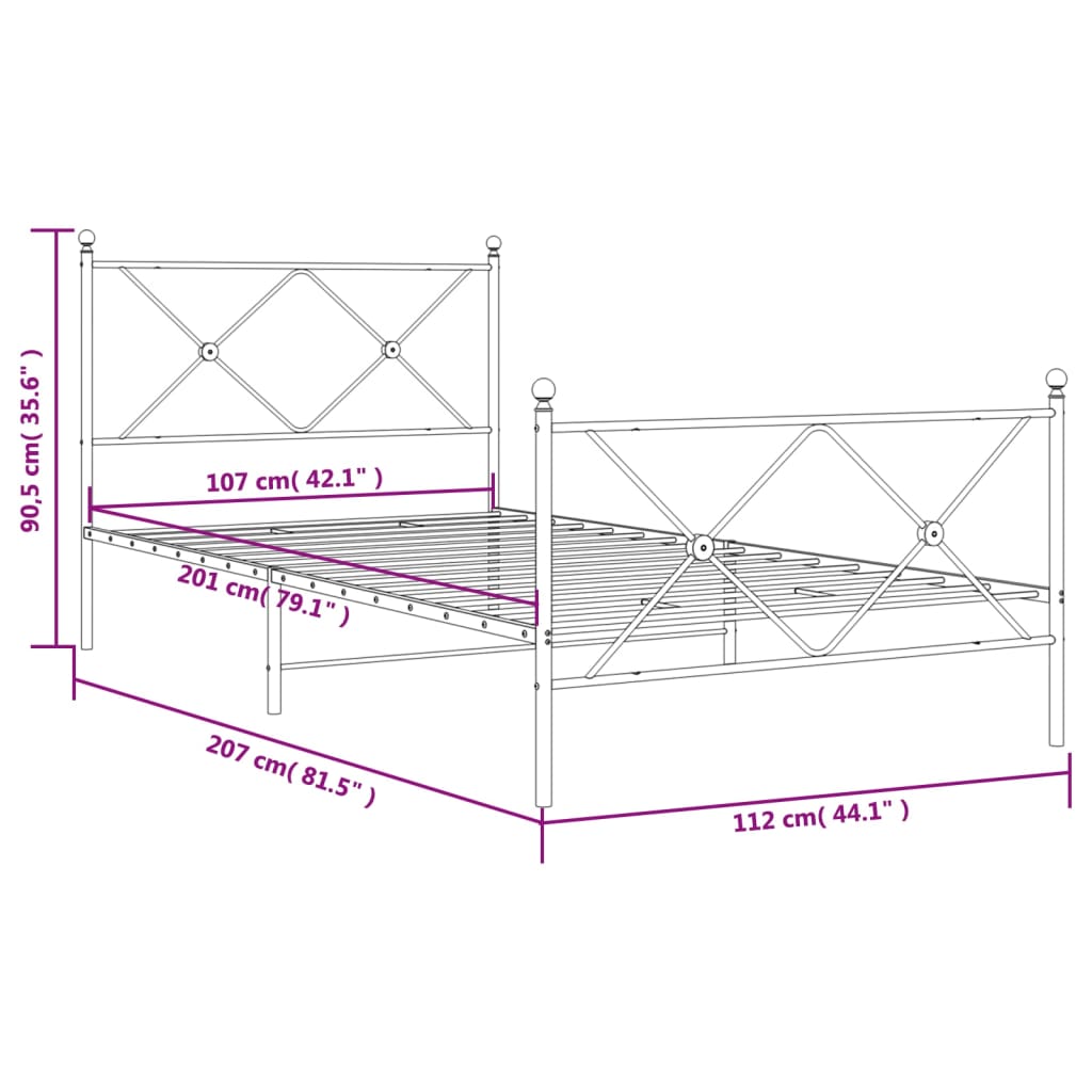 Sengeramme i metall med hode- og fotgavl hvit 107x203 cm