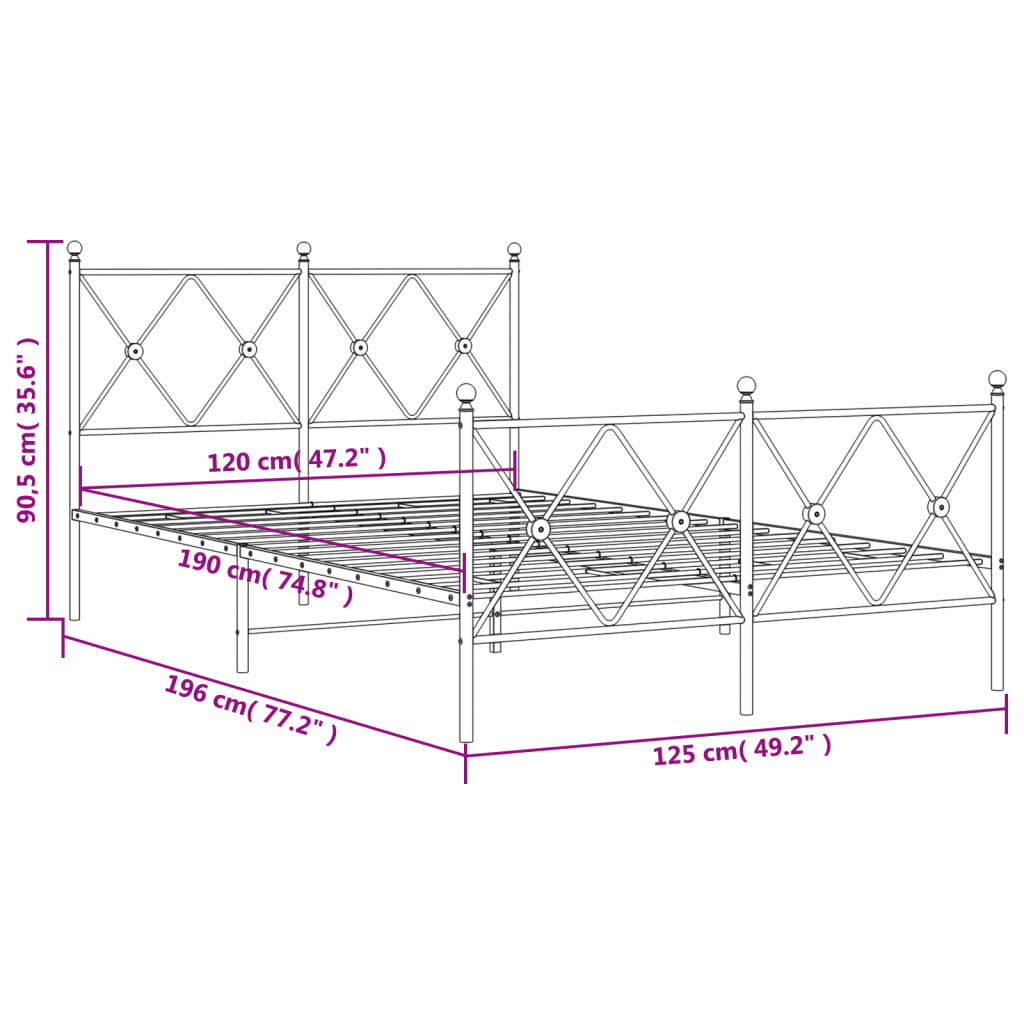 Sengeramme i metall med hode- og fotgavl hvit 120x190 cm