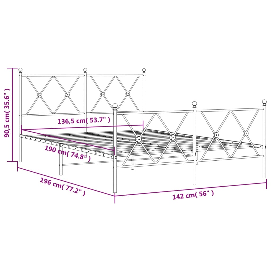 Sengeramme i metall med hode- og fotgavl hvit 137x190 cm