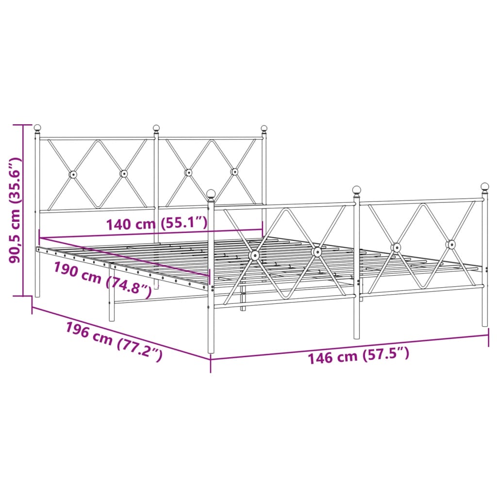 Sengeramme i metall med hode- og fotgavl hvit 140x190 cm