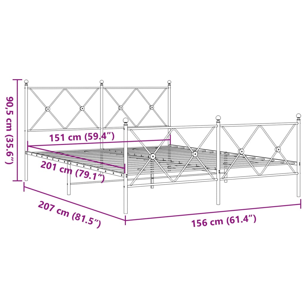 Sengeramme i metall med hode- og fotgavl hvit 150x200 cm