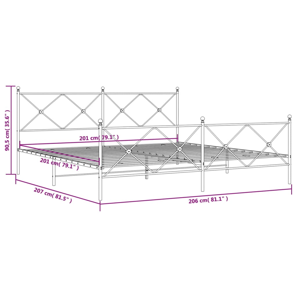 Sengeramme i metall med hode- og fotgavl hvit 200x200 cm