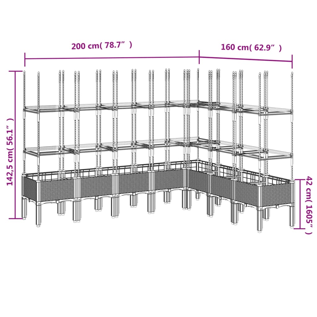 Plantekasse med espalier grå 200x160x142,5 cm PP