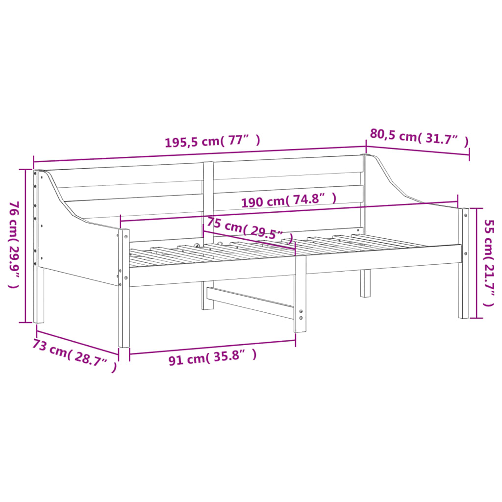 Dagseng uten madrass hvit 75x190 cm heltre furu