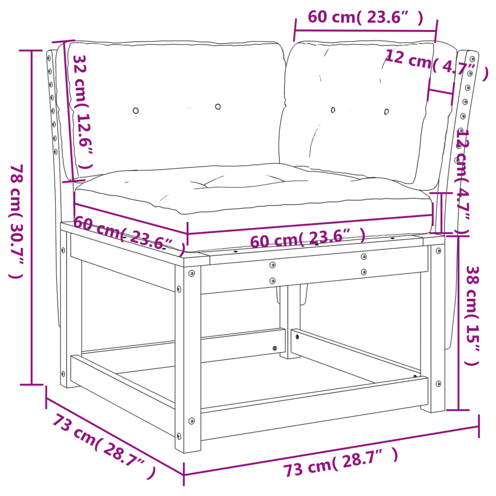 Hagesofa for hjørne med pute 73x73x78 cm heltre furu