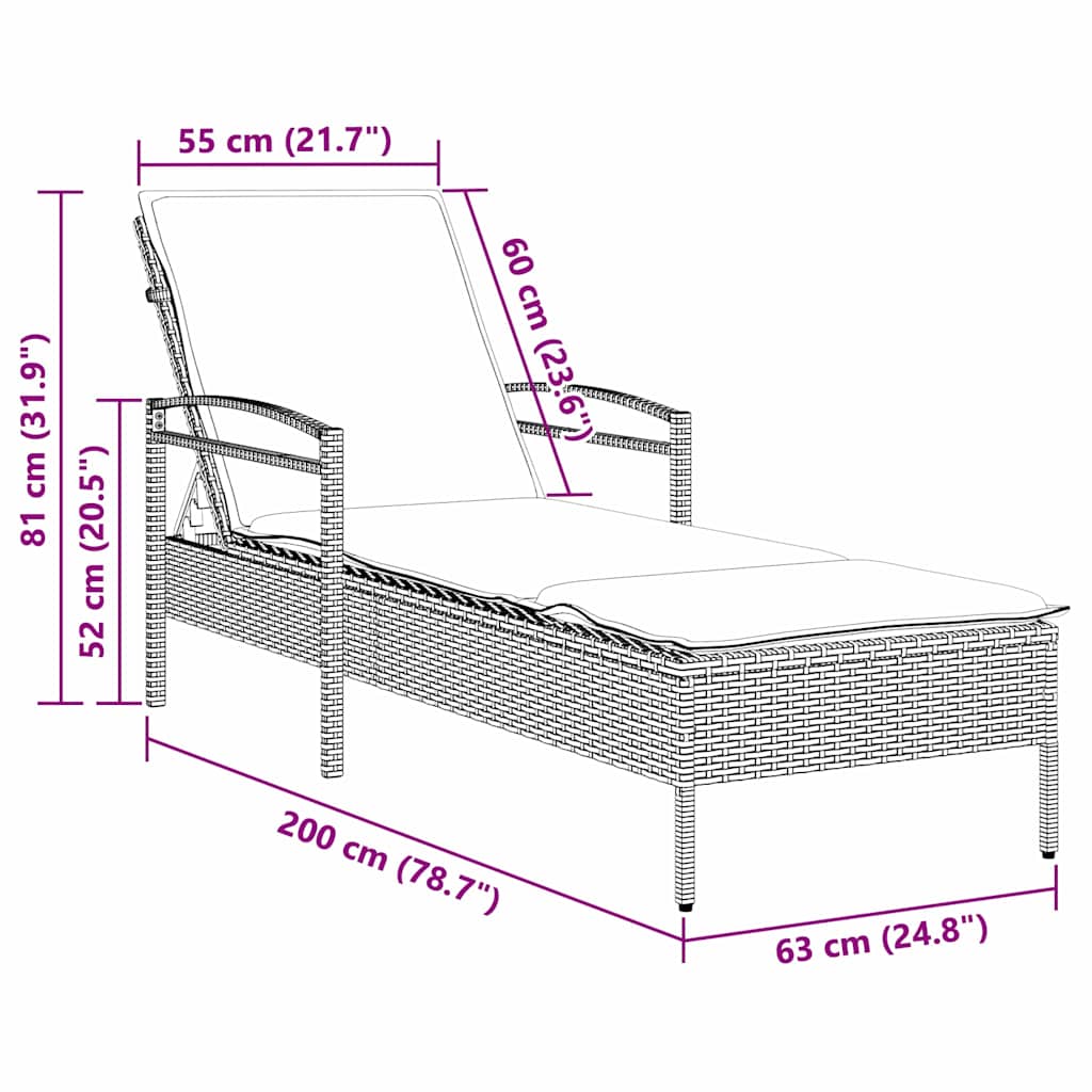 Solseng med pute svart 63x200x81 cm polyrotting (kun USA)