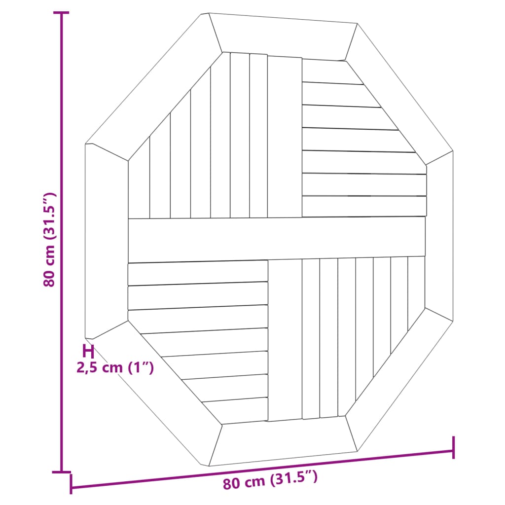 Bordplate 80x80x2,5 cm åttekantet heltre teak