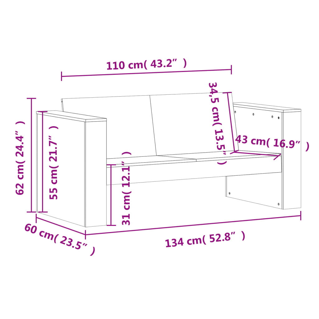 Hagesofa 2-seters 134x60x62 cm heltre furu