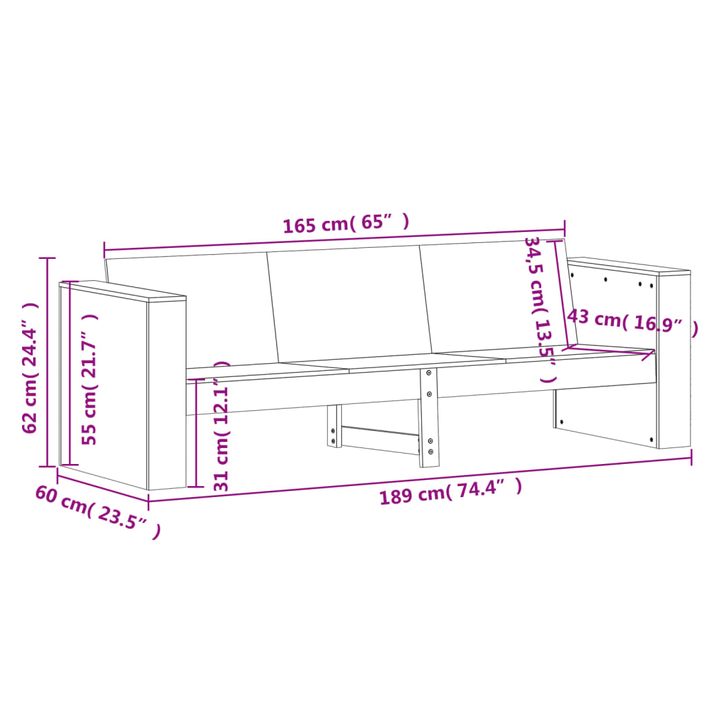 Hagesofa 3-seters 189x60x62 cm heltre furu