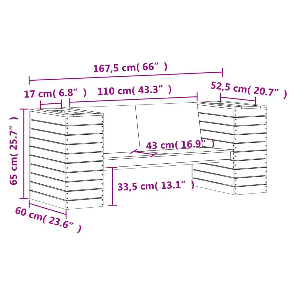 Benk med plantekasser voksbrun 167,5x60x65 cm heltre furu