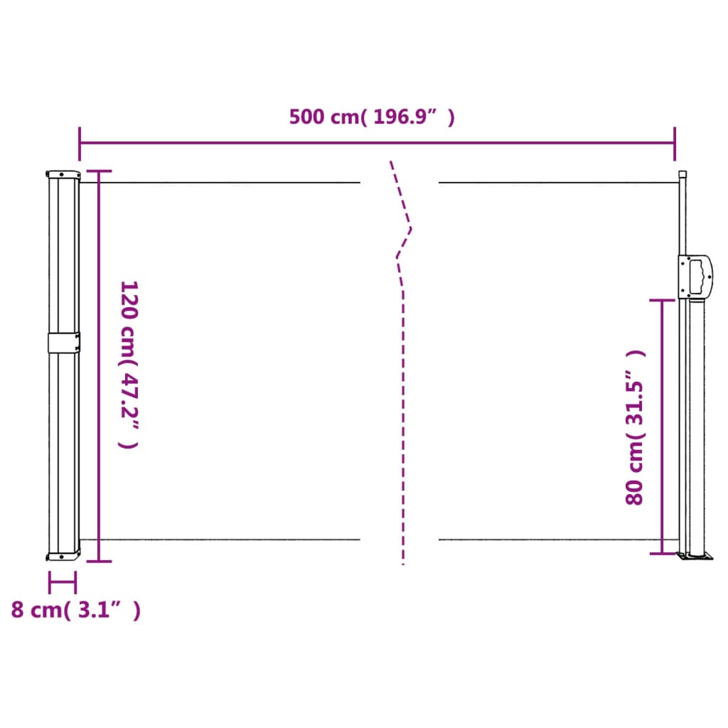 Uttrekkbar sidemarkise hvit 120x500 cm