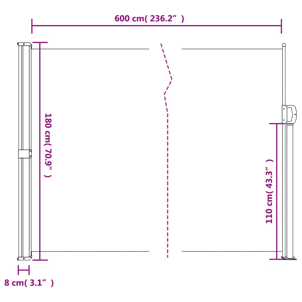 Uttrekkbar sidemarkise 180x600 cm svart