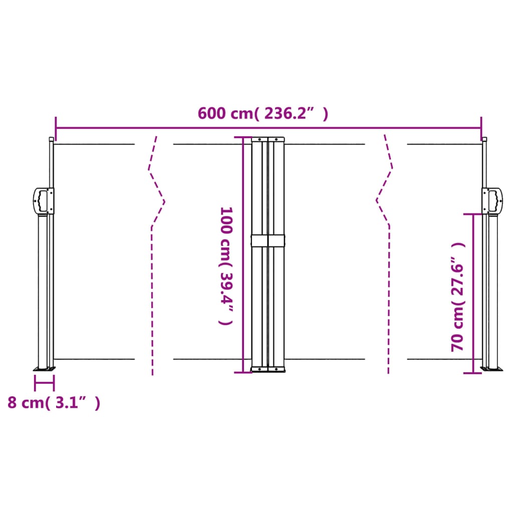 Uttrekkbar sidemarkise 100x600 cm hvit