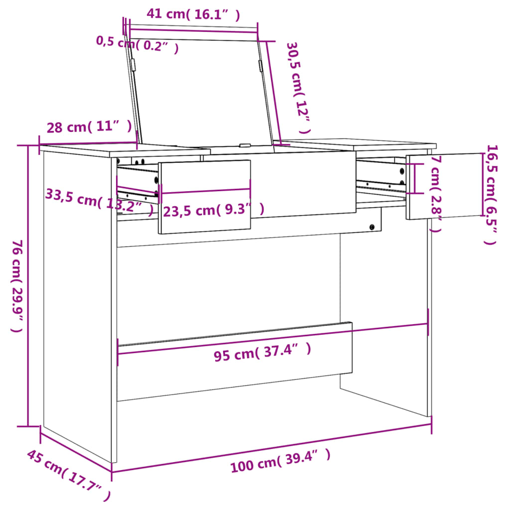 Sminkebord med speil sonoma eik 100x45x76 cm