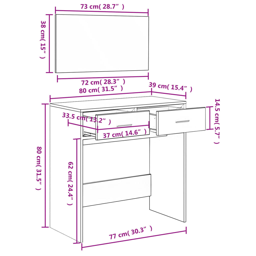 Sminkebord med speil hvit 80x39x80 cm