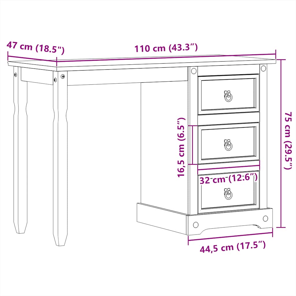 Sminkebord Corona 110x50x75 cm heltre furu