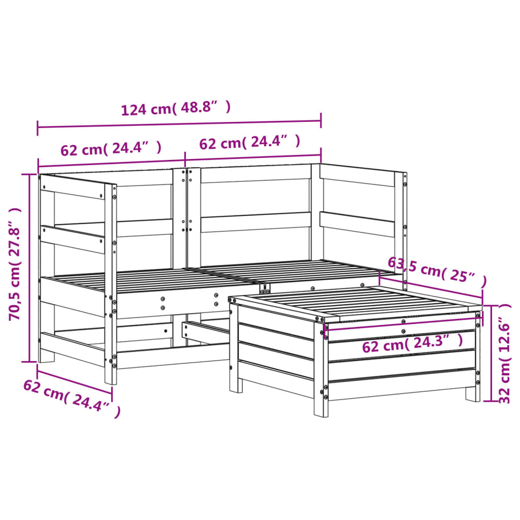 Hagesofasett 3 deler hvit heltre furu