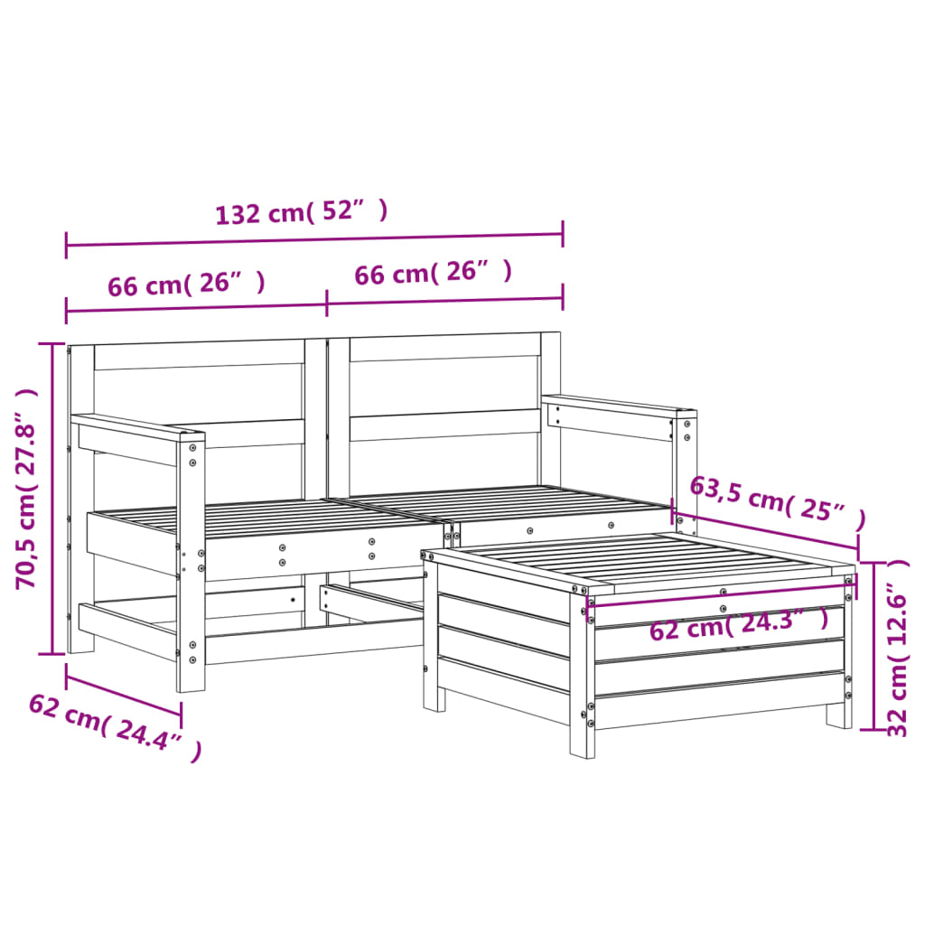 Hagesofasett 3 deler hvit heltre furu