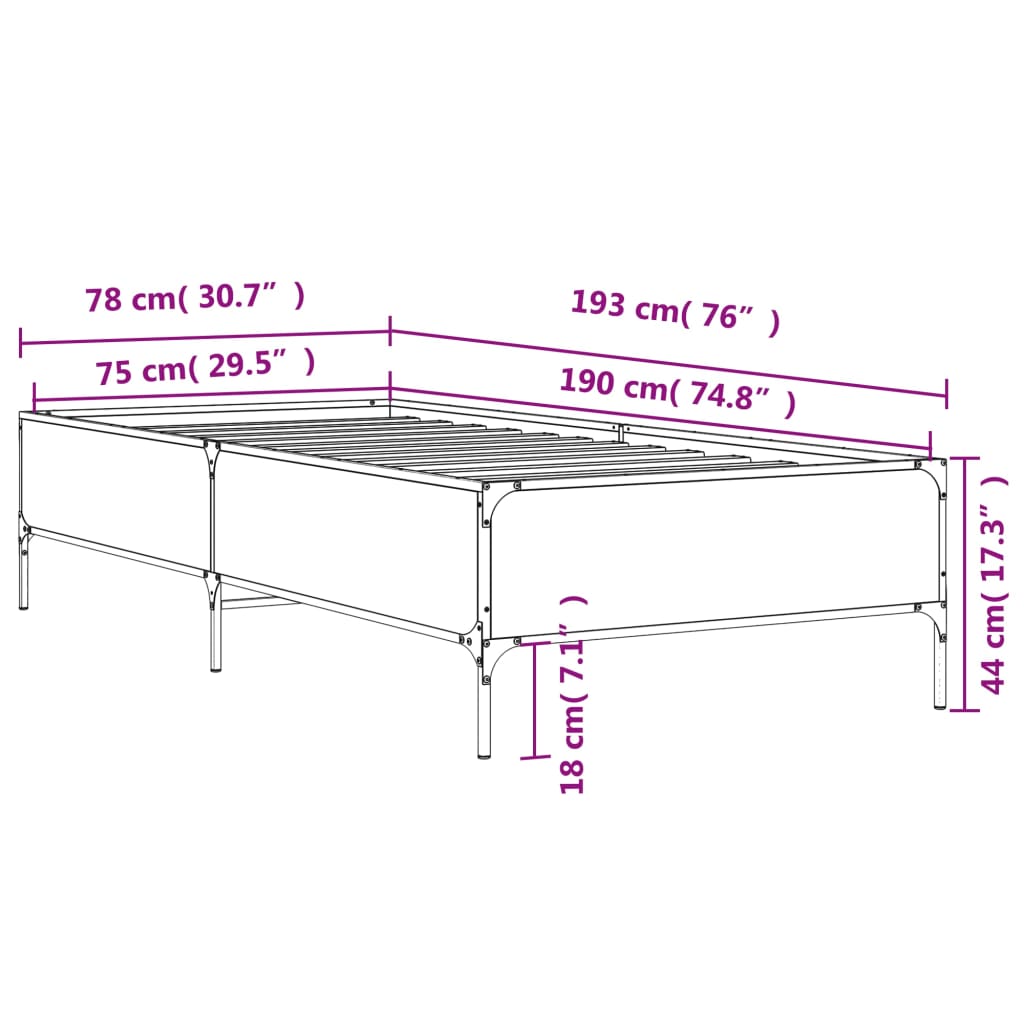 Sengeramme grå sonoma 75x190 cm konstruert tre og metall