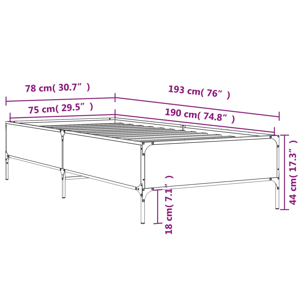 Sengeramme brun eik 75x190 cm konstruert tre og metall