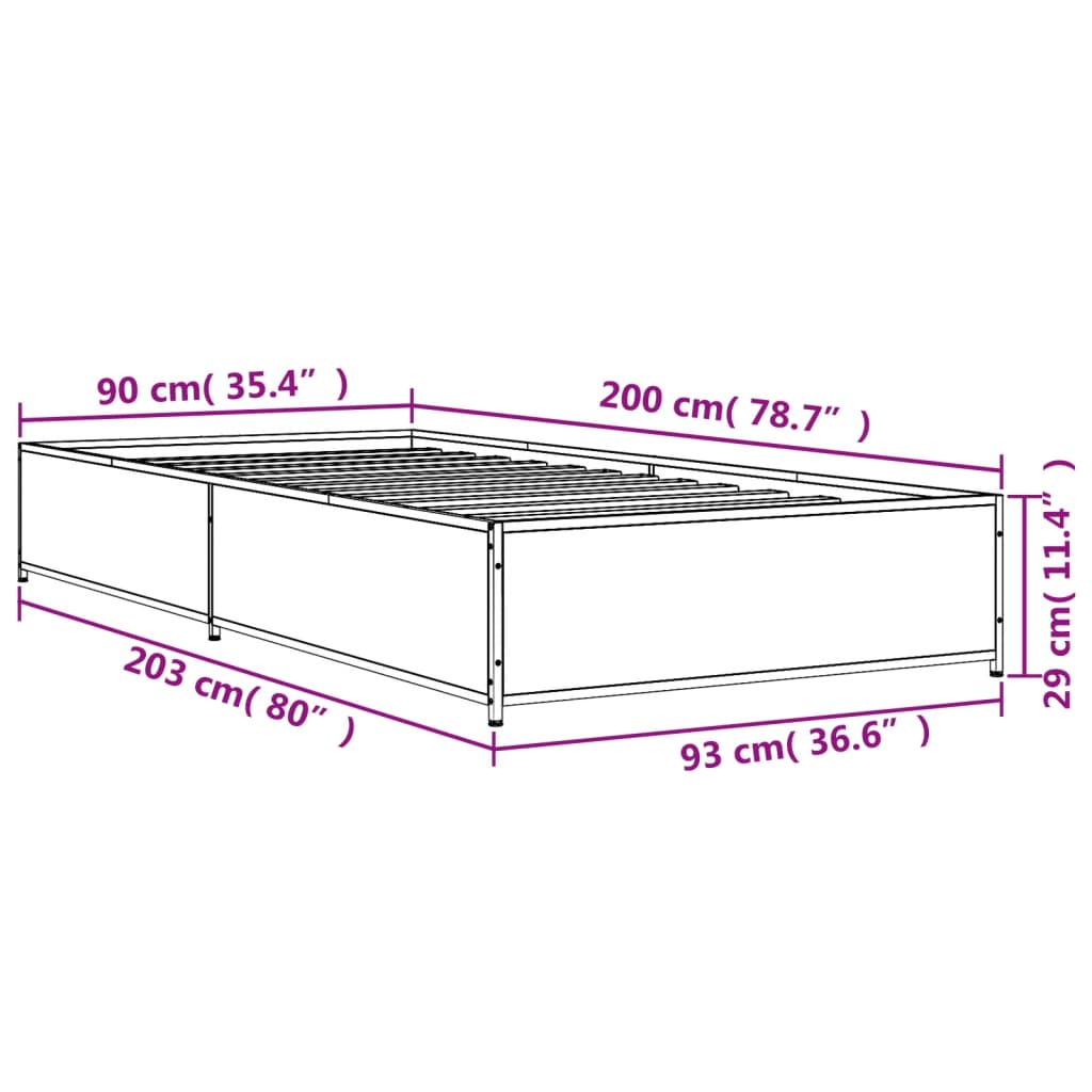 Sengeramme grå sonoma 90x200 cm konstruert tre og metall