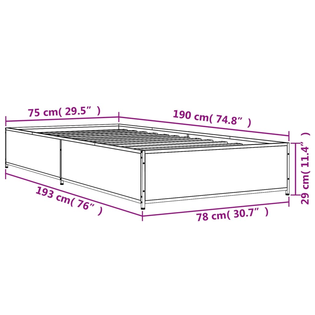 Sengeramme grå sonoma 75x190 cm konstruert tre og metall