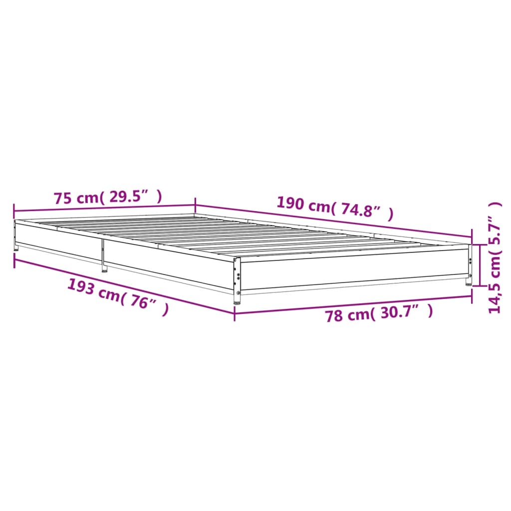 Sengeramme grå sonoma 75x190 cm konstruert tre og metall