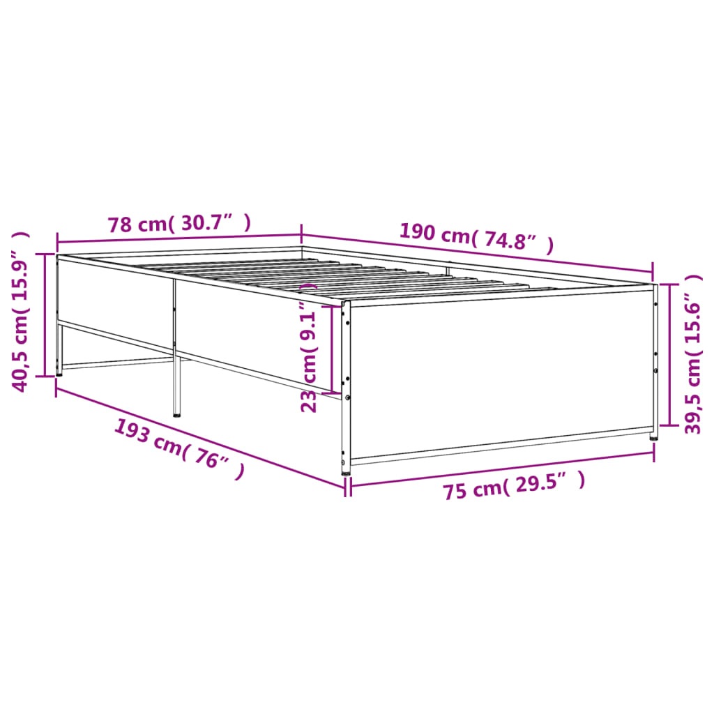 Sengeramme brun eik 75x190 cm konstruert tre og metall