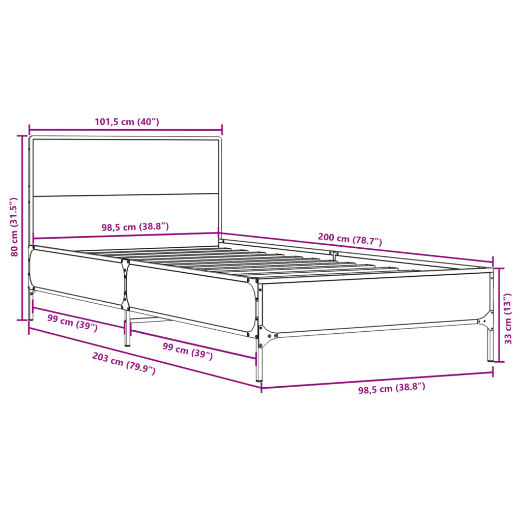 Sengeramme brun eik 100x200 cm konstruert tre og metall