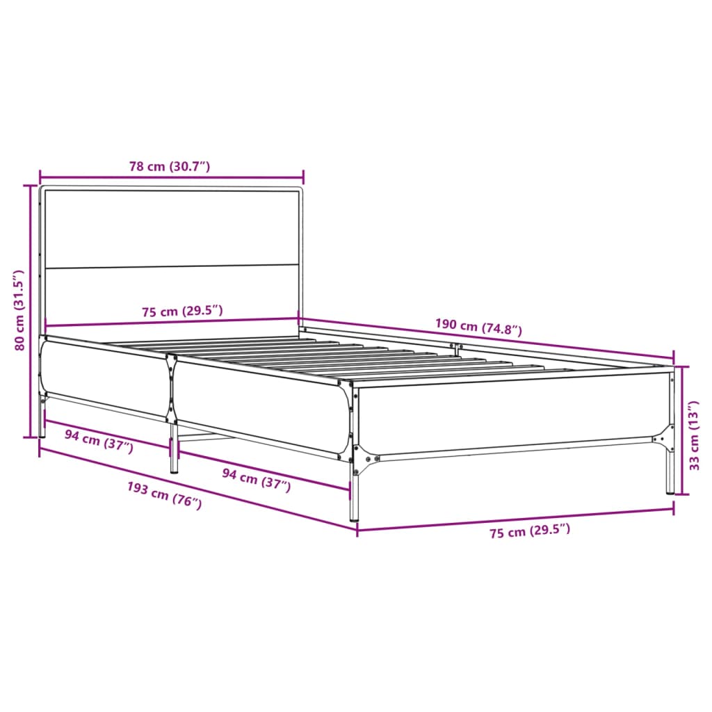 Sengeramme brun eik 75x190 cm konstruert tre og metall