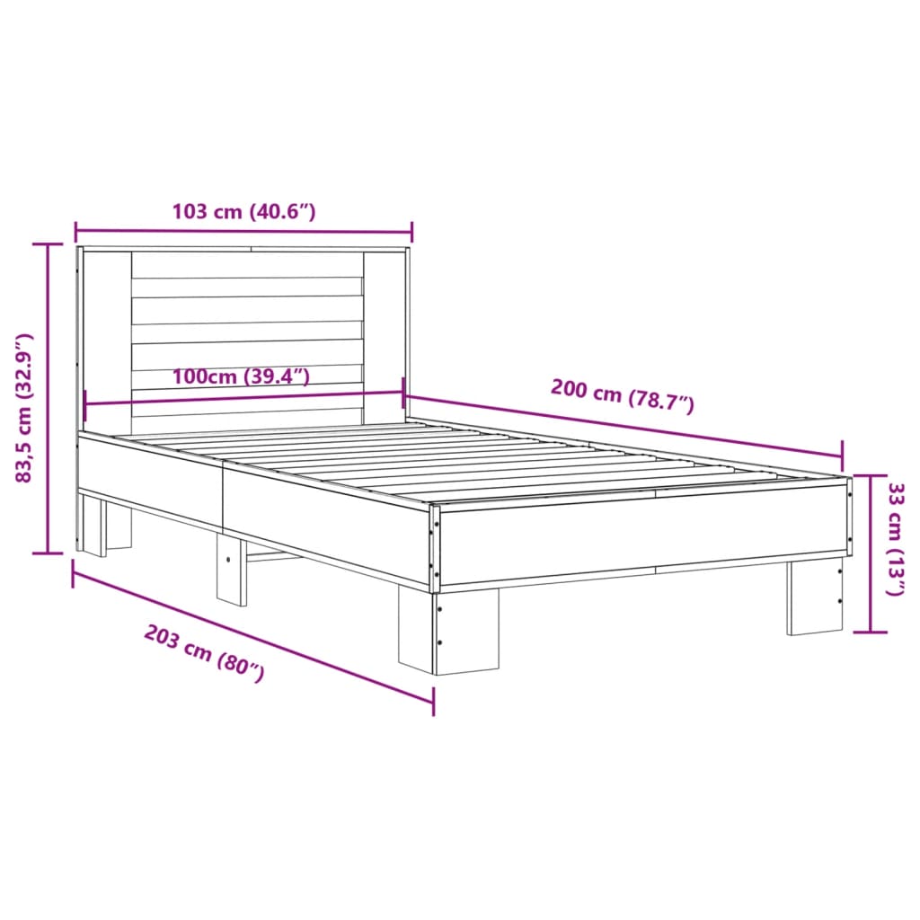 Sengeramme brun eik 100x200 cm konstruert tre og metall