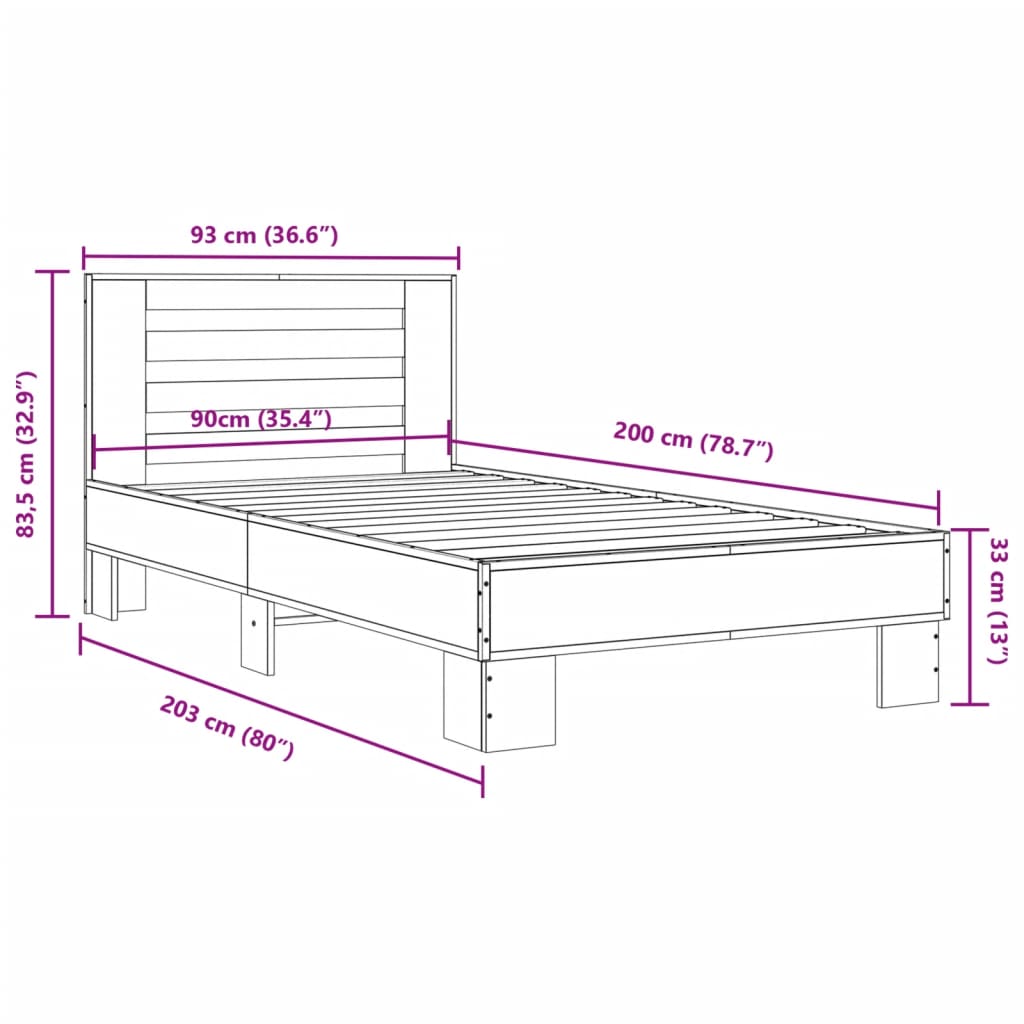 Sengeramme grå sonoma 90x200 cm konstruert tre og metall