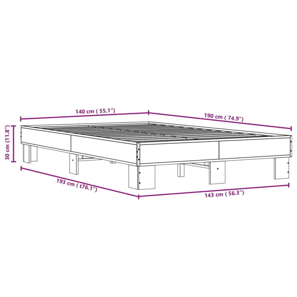 Sengeramme brun eik 140x190 cm konstruert tre og metall
