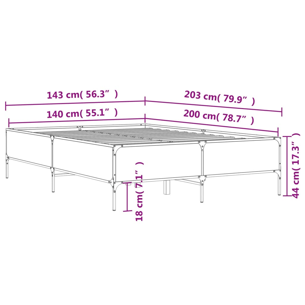 Sengeramme brun eik 140x200 cm konstruert tre og metall
