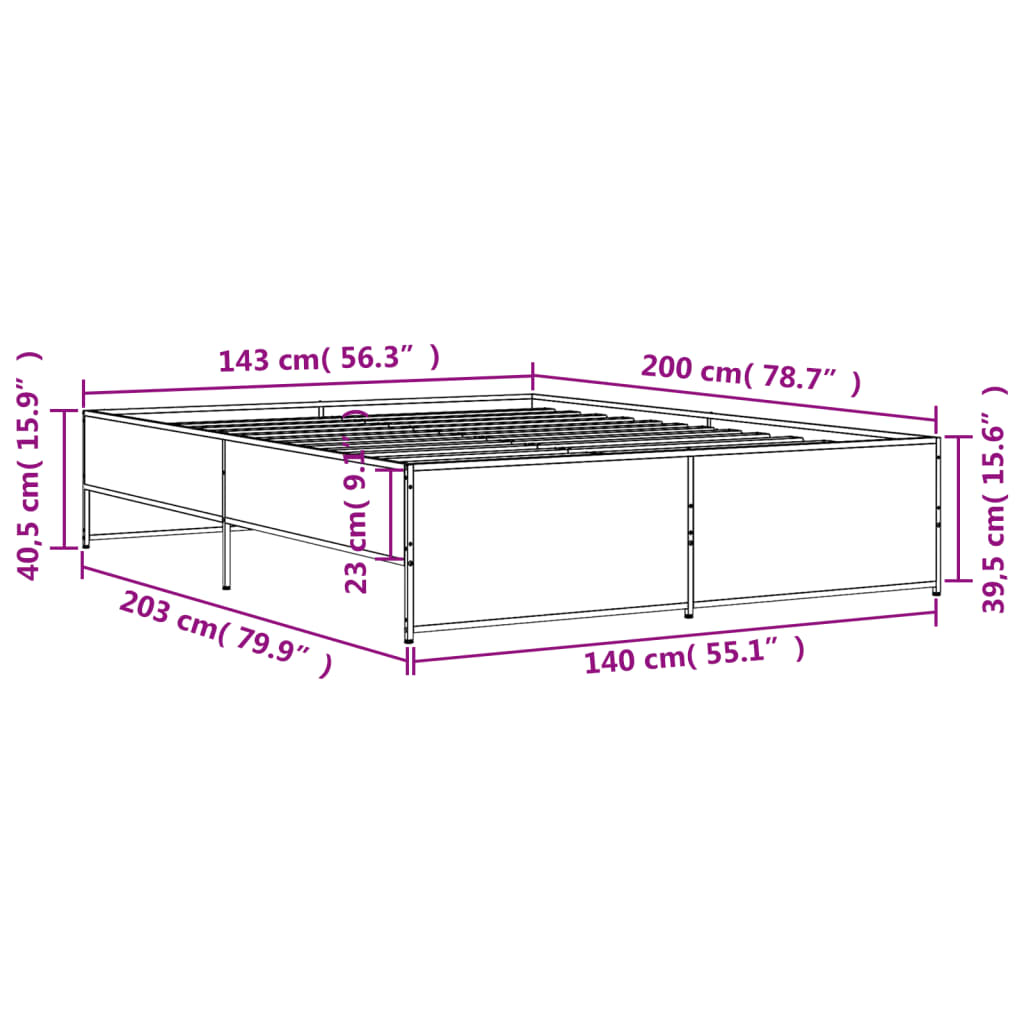 Sengeramme brun eik 140x200 cm konstruert tre og metall