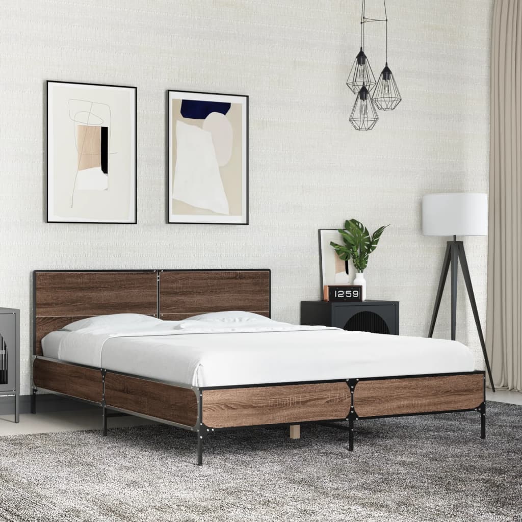 Sengeramme brun eik 140x200 cm konstruert tre og metall