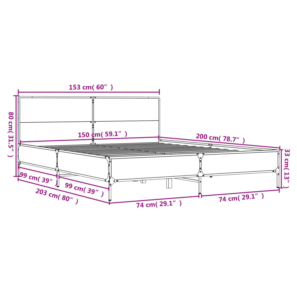 Sengeramme brun eik 150x200 cm konstruert tre og metall