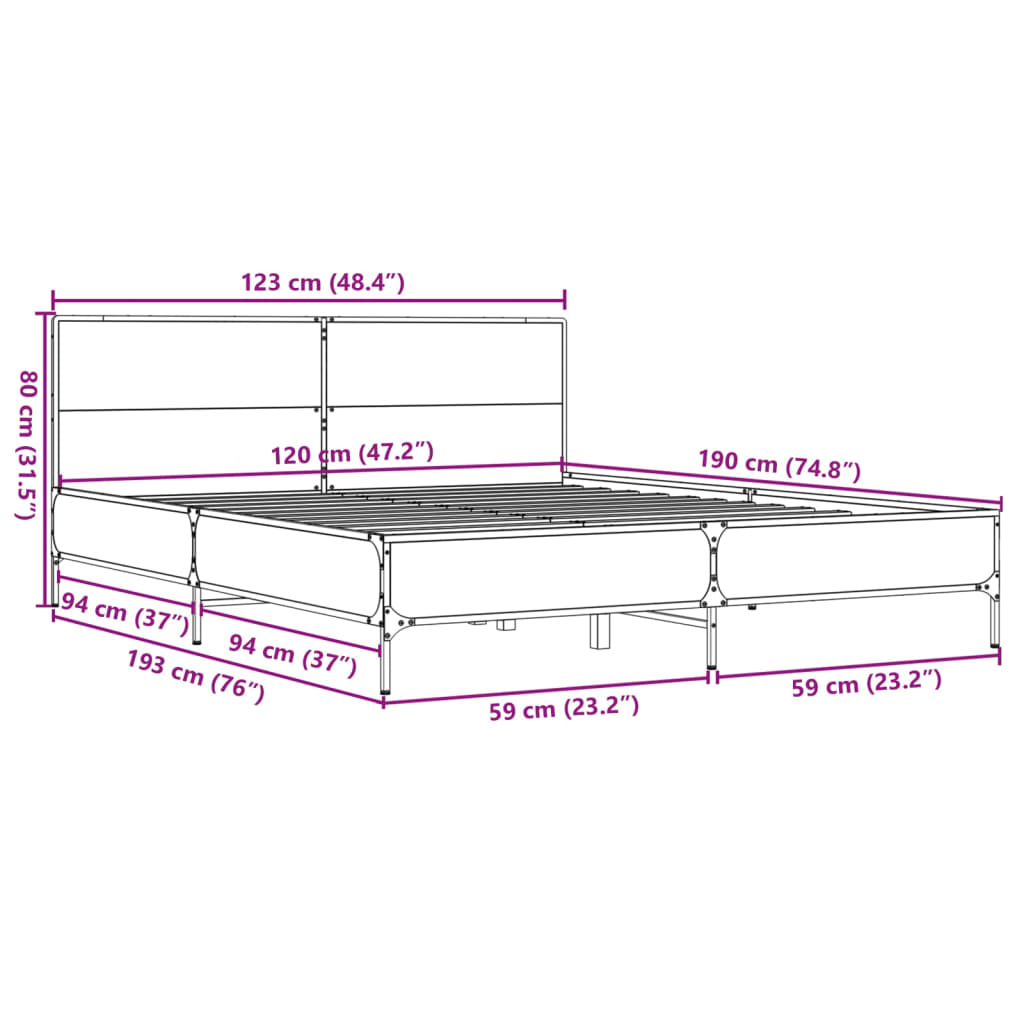 Sengeramme brun eik 120x190 cm konstruert tre og metall