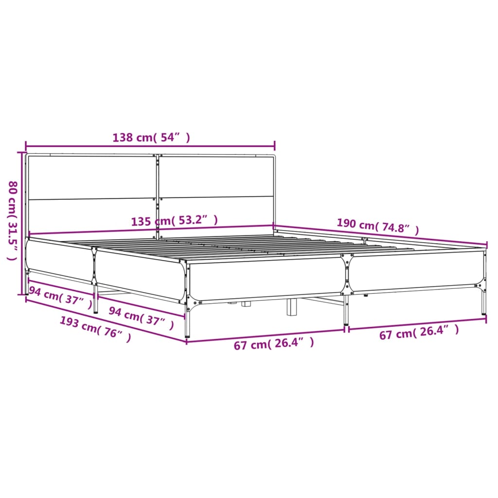 Sengeramme brun eik 135x190 cm konstruert tre og metall