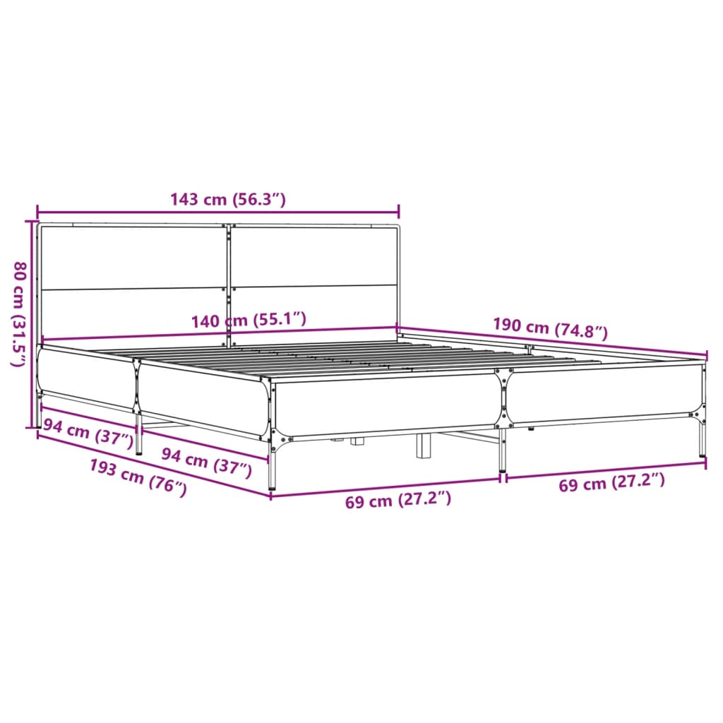 Sengeramme brun eik 140x190 cm konstruert tre og metall