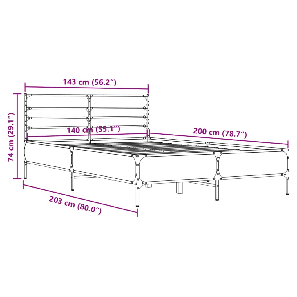 Sengeramme brun eik 140x200 cm konstruert tre og metall