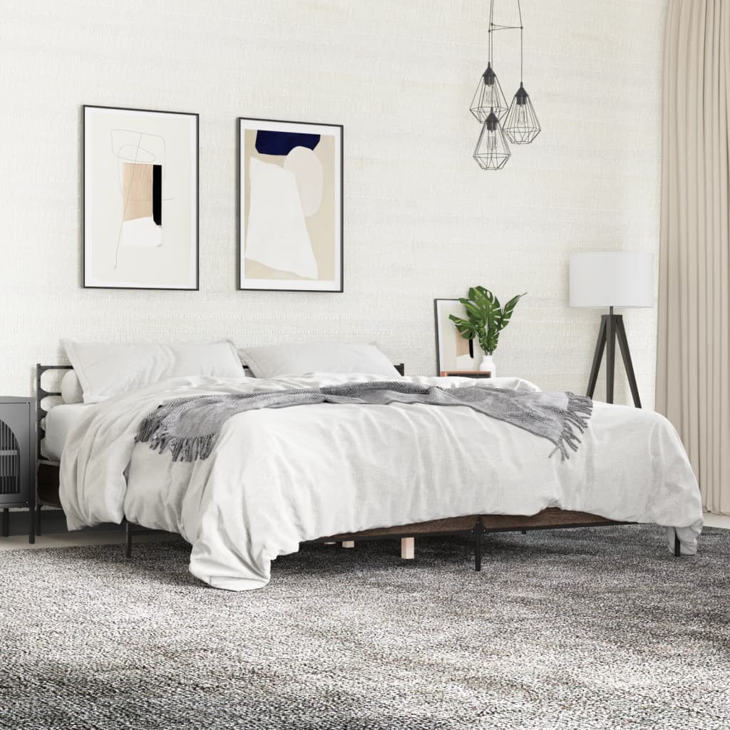 Sengeramme brun eik 200x200 cm konstruert tre og metall