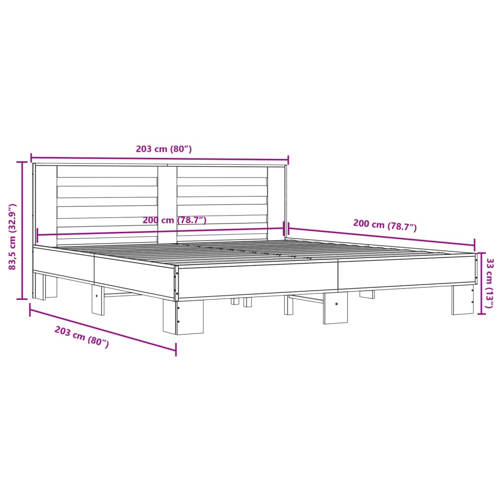 Sengeramme brun eik 200x200 cm konstruert tre og metall
