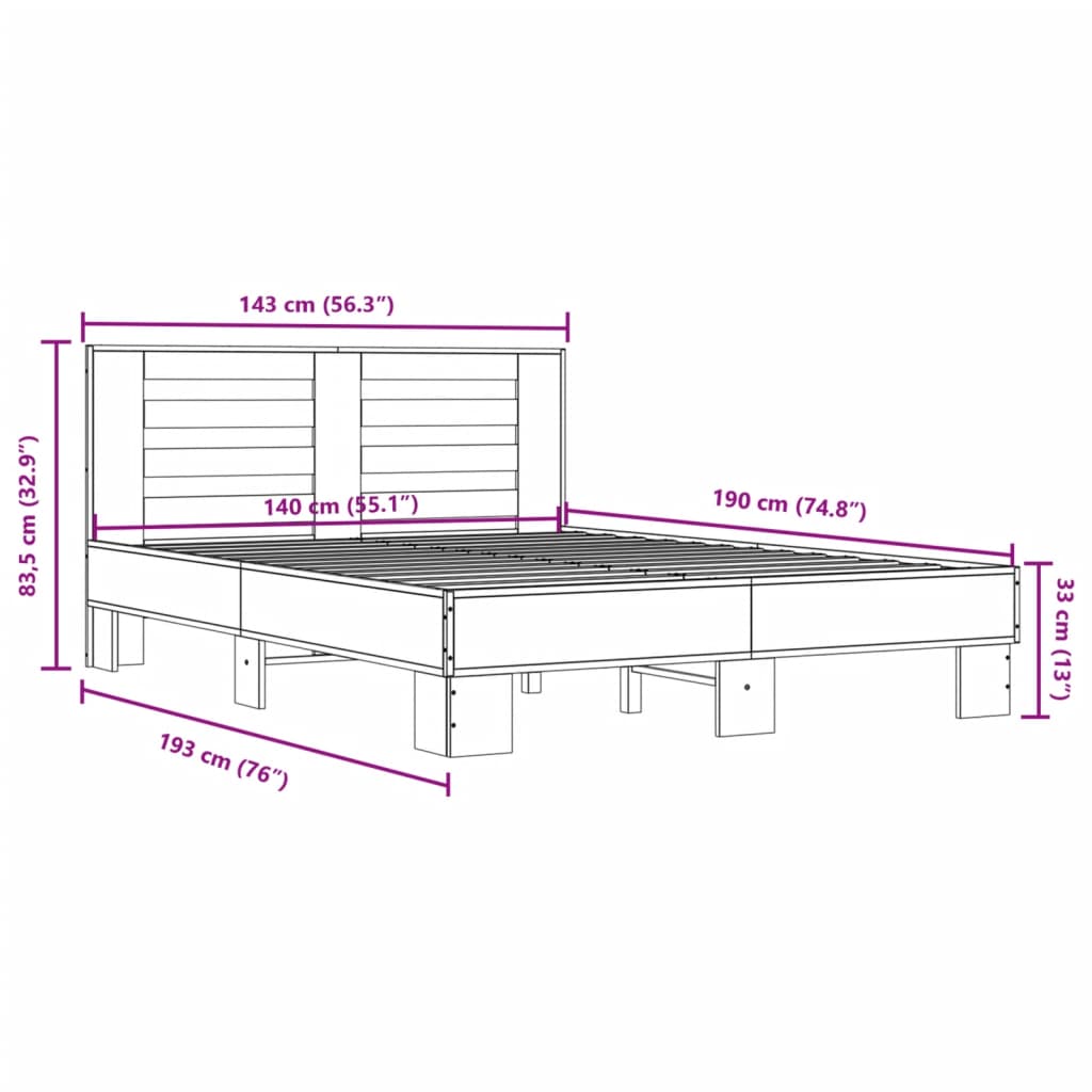Sengeramme brun eik 140x190 cm konstruert tre og metall